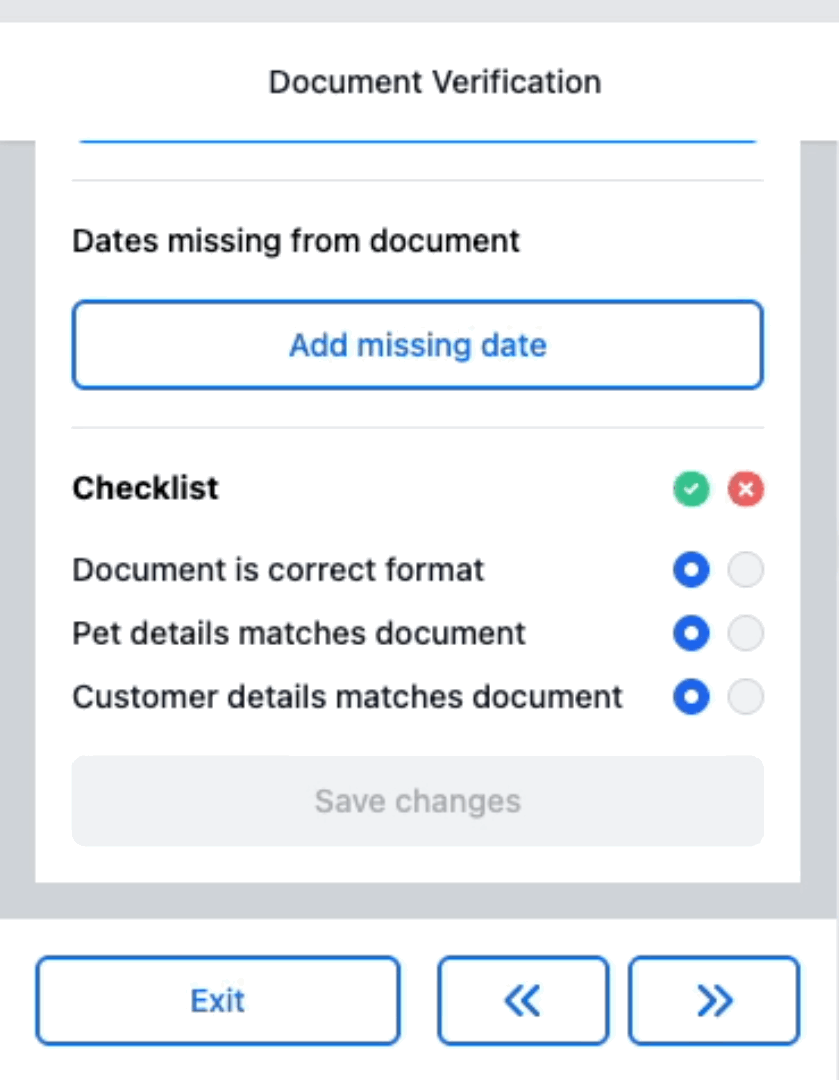 Document navigation arrows for moving forwards and backwards between claim documents.